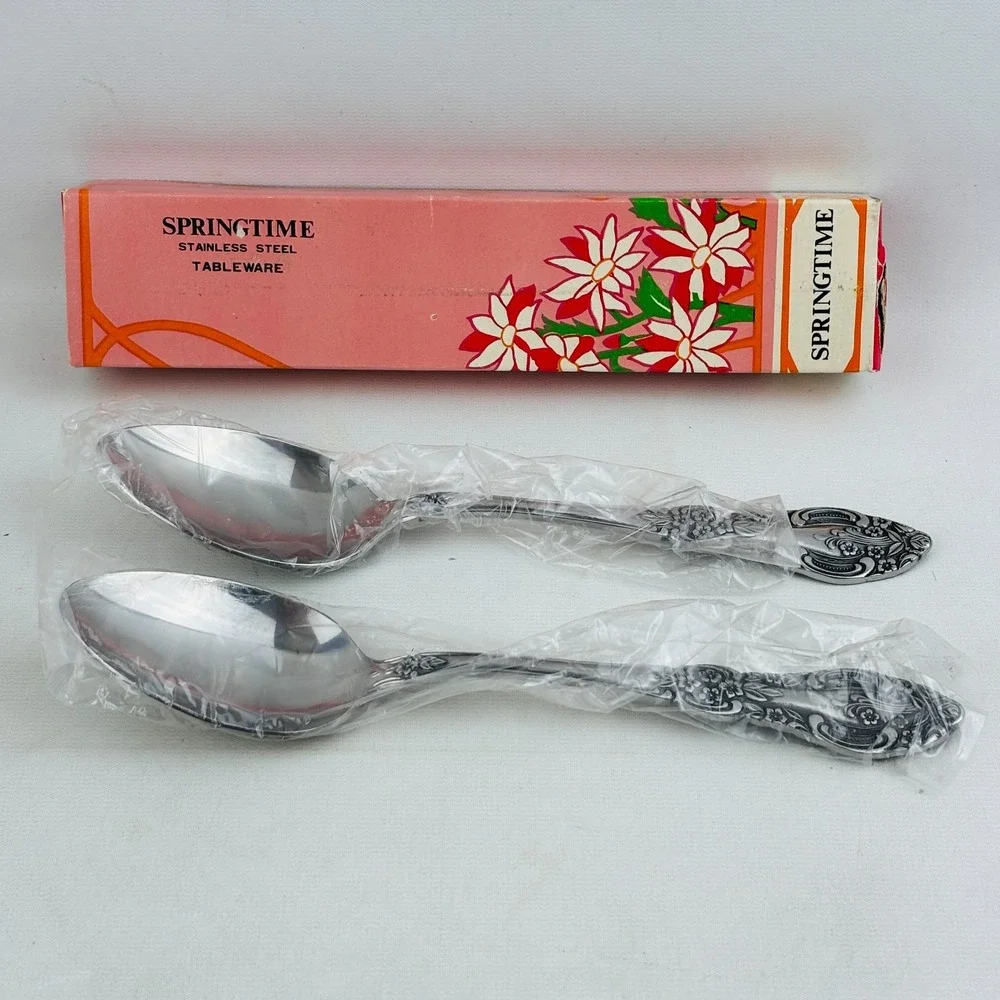 Vintage Springtime 2 Piece Set Serving Spoons Stainless Steel Korea‎ Old Stock